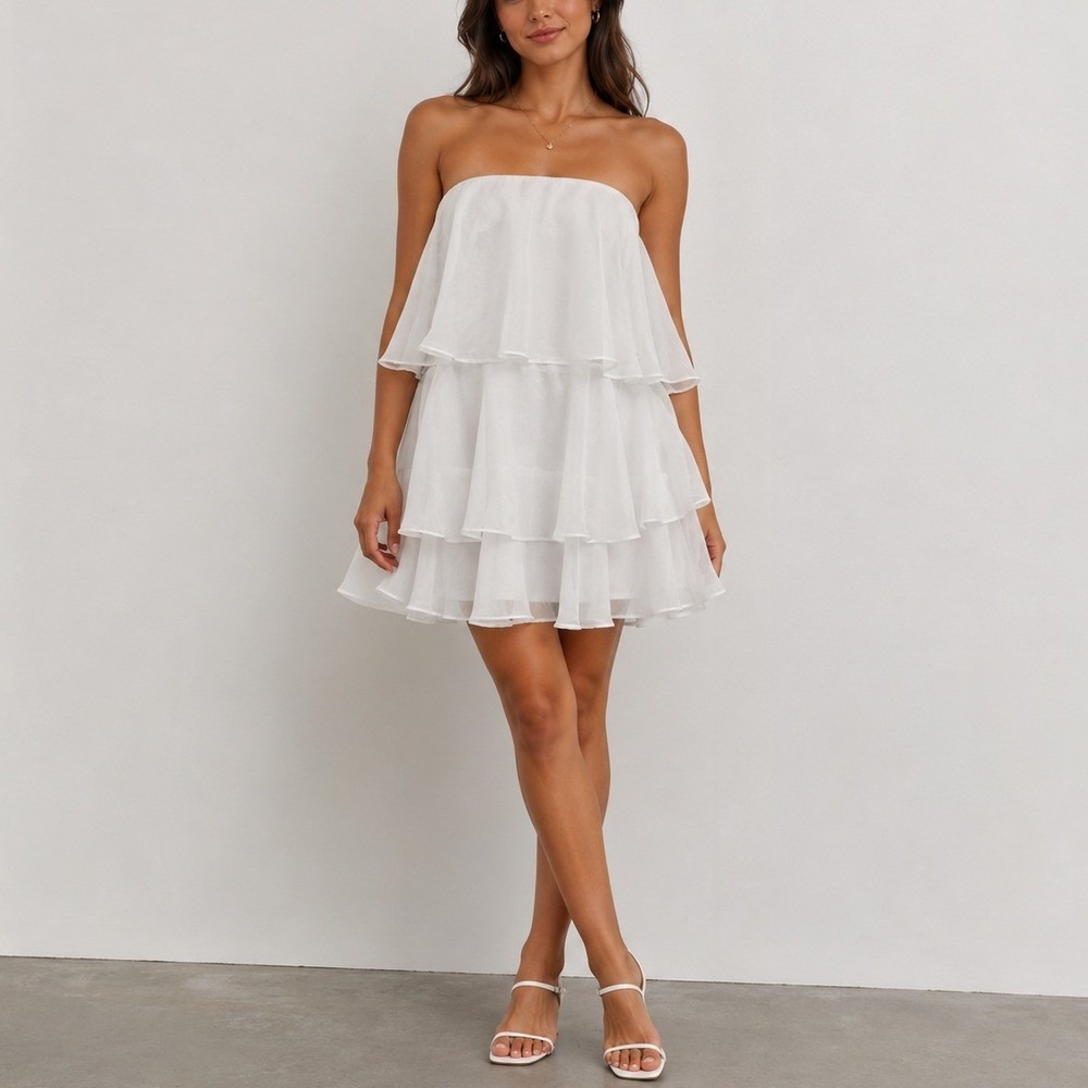 Abercrombie & Fitch Organza Tiered Strapless Mini Dress M White Fairycore